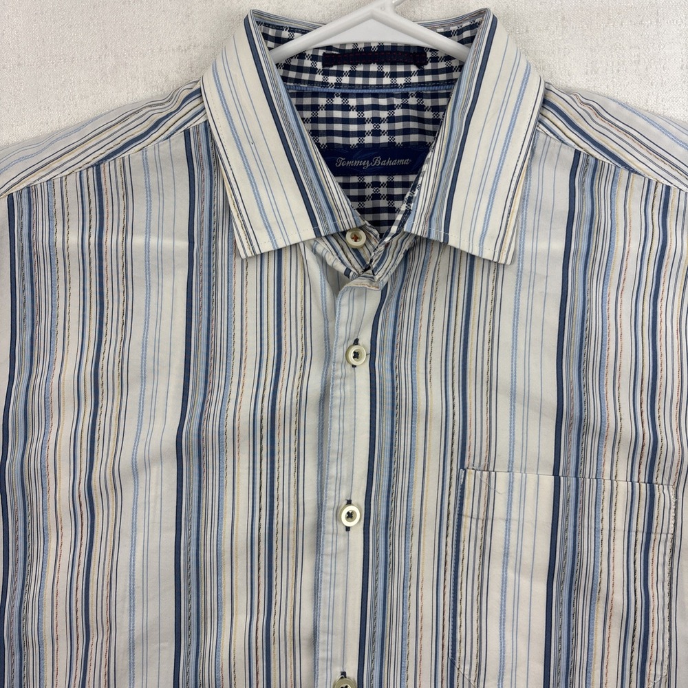 Tommy Bahama Blue &‎ White Striped Silk Blend Button Up Shirt Size L Western EUC